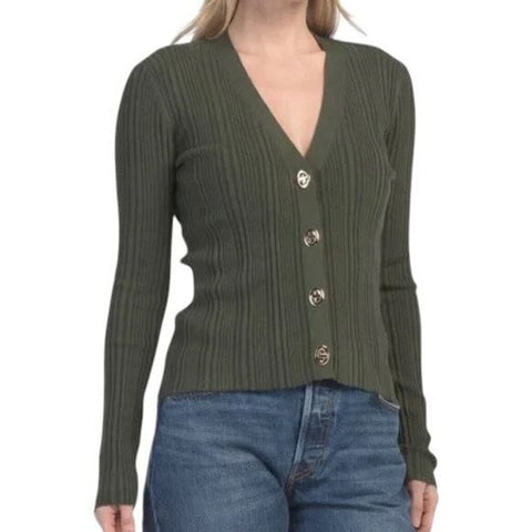 ^Elie Tahari Wool Blend Ribbed V Neck Turn Lock Buttons Cardigan Sweater, Size M