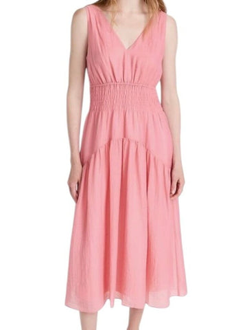 *NWT Vince V-Neck Sleeveless Smocked Textured Tencel Midi Dress, Size 2XL