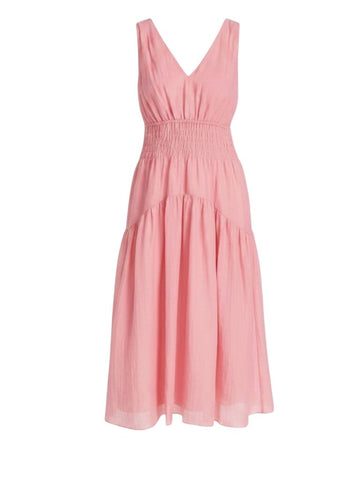 *NWT Vince V-Neck Sleeveless Smocked Textured Tencel Midi Dress, Size 2XL