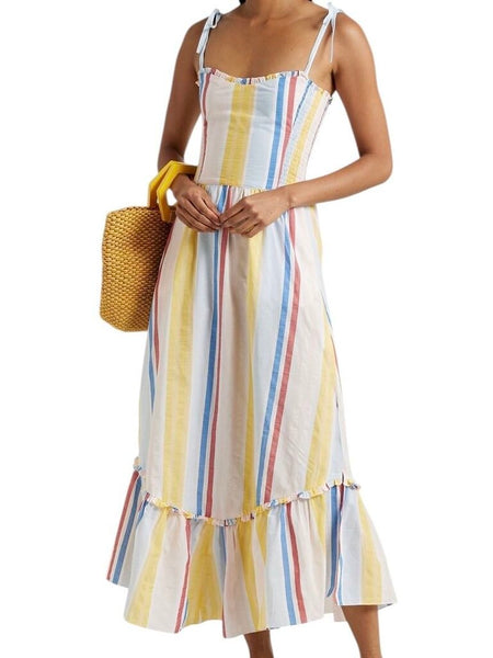 *Lemlem Jima Cotton Blend Stripe Tie Cami Smocked Back Tiered Midi Dress, Size XS