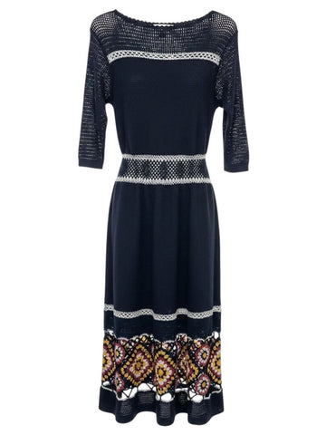 *NWT Harare (Anthro) Diana Cotton Knit Crochet Trim 3/4 Sleeve Midi Dress, Size M