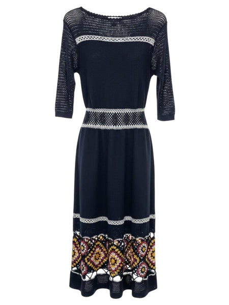 ^NWT Harare (Anthro) Diana Cotton Knit Crochet Trim 3/4 Sleeve Midi Dress, Size M