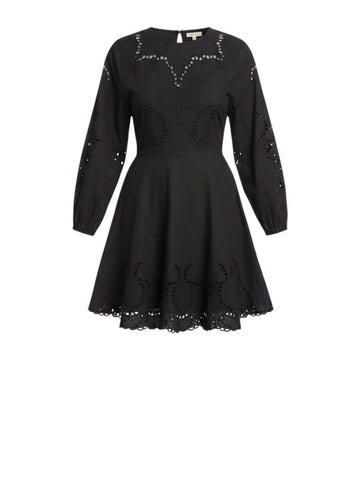 *Rhode Resort Ella Cotton Eyelet Dolman Long Sleeve Round Neck Braided Belt Full Mini Dress, Size M