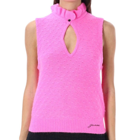 *Ganni Alpaca & Merino Pointelle Knit Sleeveless Ruffle Trim Keyhole Neck Top Sweater Vest, Size XS/S