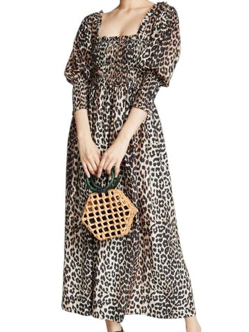 ^GANNI Cotton & Silk Leopard Puff Sleeve Square Neck Smocked Bodice Maxi Dress, Size EU40=8