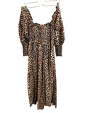 *GANNI Cotton & Silk Leopard Puff Sleeve Square Neck Smocked Bodice Maxi Dress, Size EU40=8