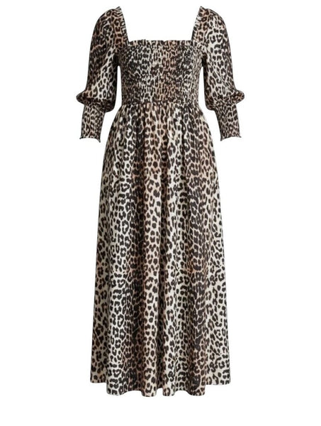 *GANNI Cotton & Silk Leopard Puff Sleeve Square Neck Smocked Bodice Maxi Dress, Size EU40=8