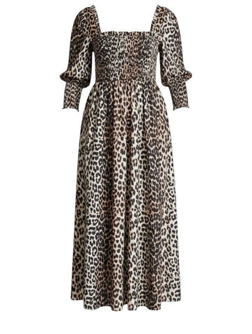 *GANNI Cotton & Silk Leopard Puff Sleeve Square Neck Smocked Bodice Maxi Dress, Size EU40=8
