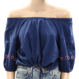 *Kerri Rosenthal Lizzie Cotton Eyelet Hearts Puff Sleeve On/Off Shoulder Drawcord Hem Top, Size M