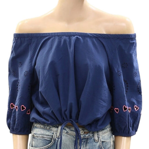 *Kerri Rosenthal Lizzie Cotton Eyelet Hearts Puff Sleeve On/Off Shoulder Drawcord Hem Top, Size M