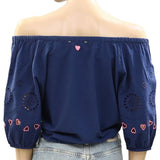 *Kerri Rosenthal Lizzie Cotton Eyelet Hearts Puff Sleeve On/Off Shoulder Drawcord Hem Top, Size M