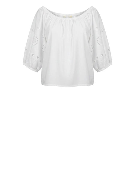 ^Kerri Rosenthal Lizzie Cotton Eyelet Hearts Puff Sleeve On/Off Shoulder Drawcord Hem Top, Size S