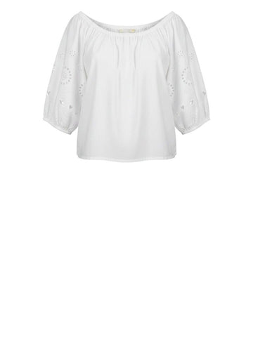 ^Kerri Rosenthal Lizzie Cotton Eyelet Hearts Puff Sleeve On/Off Shoulder Drawcord Hem Top, Size S