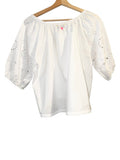 *Kerri Rosenthal Lizzie Cotton Eyelet Hearts Puff Sleeve On/Off Shoulder Drawcord Hem Top, Size S