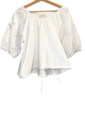 *Kerri Rosenthal Lizzie Cotton Eyelet Hearts Puff Sleeve On/Off Shoulder Drawcord Hem Top, Size S