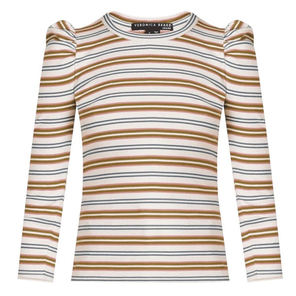 ^Veronica Beard Britney Pima Cotton Ribbed Stripe Puffed Long Sleeve Crew Neck Top, Size M