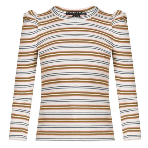 ^Veronica Beard Britney Pima Cotton Ribbed Stripe Puffed Long Sleeve Crew Neck Top, Size M