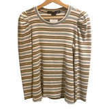 ^Veronica Beard Britney Pima Cotton Ribbed Stripe Puffed Long Sleeve Crew Neck Top, Size M