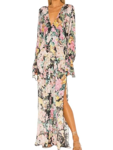 *Hemant & Nandita x REVOLVE Teien Floral Long Sleeve Deep V-Neck Caftan Maxi Dress, Size M