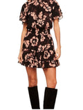 *NWT MISA LA Saffie Chiffon Floral Flutter Sleeve High Neck Tie Back Smocked Waist Mini Dress, Size S