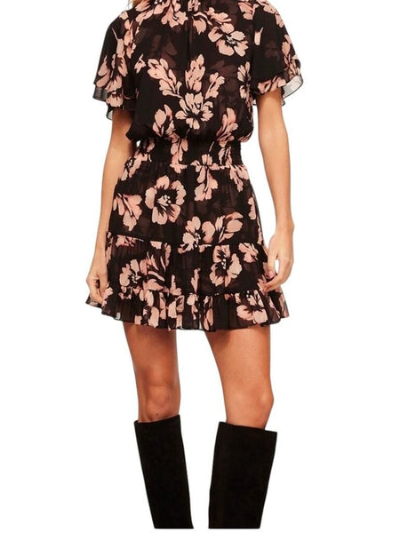 *NWT MISA LA Saffie Chiffon Floral Flutter Sleeve High Neck Tie Back Smocked Waist Mini Dress, Size S
