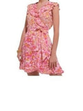 *Poupette St. Barth Floral Ruffle Trim Sleeveless Surplice Tie Wrap Mini Dress, Size L