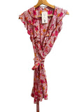 *Poupette St. Barth Floral Ruffle Trim Sleeveless Surplice Tie Wrap Mini Dress, Size L