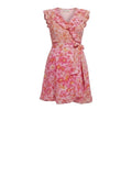 *Poupette St. Barth Floral Ruffle Trim Sleeveless Surplice Tie Wrap Mini Dress, Size L