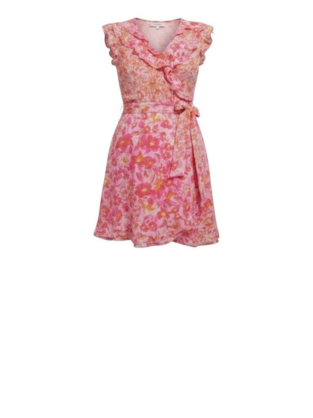 *Poupette St. Barth Floral Ruffle Trim Sleeveless Surplice Tie Wrap Mini Dress, Size L
