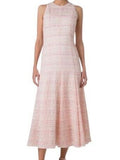 *NWT Akris Punto Cotton & Linen Tweed Organza Stripe Sleeveless Fit Flare Midi Dress w/Slip, Size 4