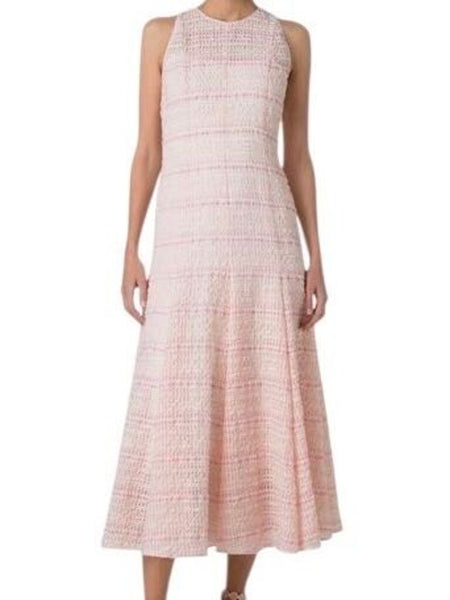 *NWT Akris Punto Cotton & Linen Tweed Organza Stripe Sleeveless Fit Flare Midi Dress w/Slip, Size 4