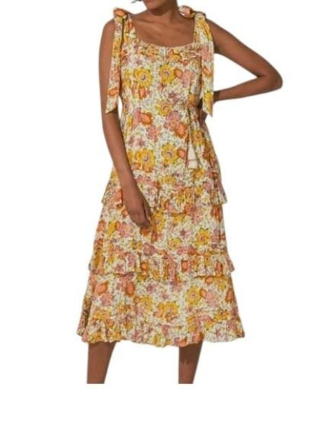 *Cleobella Zane Floral Tie Shoulder Cami Tassel Tie Belt Tiered Midi Dress, Size XS