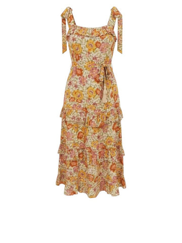 *Cleobella Zane Floral Tie Shoulder Cami Tassel Tie Belt Tiered Midi Dress, Size XS