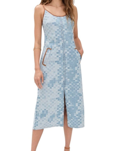 *NWT Ramy Brook Luna Cotton Woven Check Sleeveless Scoop Neck Cami Front Slit Midi Dress, Size 4