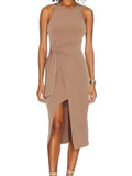 *Lanston Stretch Knit Sleeveless Round Neck Side Tie Waist Faux Wrap Midi Dress, Size M