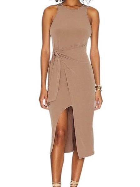 *Lanston Stretch Knit Sleeveless Round Neck Side Tie Waist Faux Wrap Midi Dress, Size M
