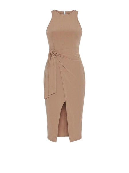 *Lanston Stretch Knit Sleeveless Round Neck Side Tie Waist Faux Wrap Midi Dress, Size M