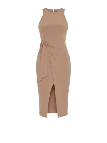 *Lanston Stretch Knit Sleeveless Round Neck Side Tie Waist Faux Wrap Midi Dress, Size M