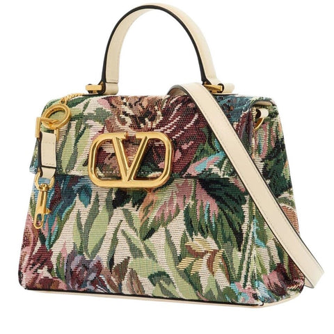 ^Valentino Garavani VSling Small Leather & Floral Jacquard Logo Flip Lock Top Handle Crossbody Bag