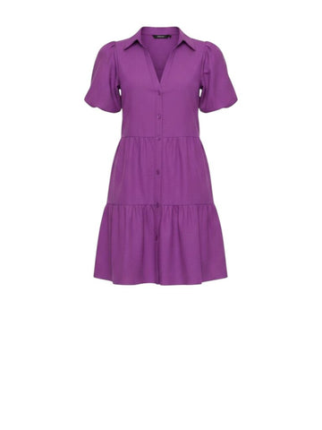 *Brochu Walker Havana Puff Sleeve Collared V-Neck Button-Up Tiered Mini Dress, Size S