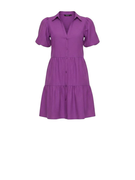 *Brochu Walker Havana Puff Sleeve Collared V-Neck Button-Up Tiered Mini Dress, Size S