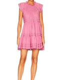 *Veronica Beard Keely Ramie Braid Trim Cap Sleeve Ruffle Neck Tiered Mini Dress, Size 6
