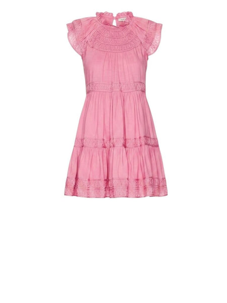 *Veronica Beard Keely Ramie Braid Trim Cap Sleeve Ruffle Neck Tiered Mini Dress, Size 6