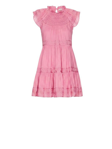 *Veronica Beard Keely Ramie Braid Trim Cap Sleeve Ruffle Neck Tiered Mini Dress, Size 6