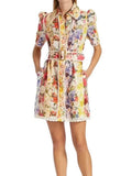 *Zimmermann Wonderland Linen Floral Raffia Trim Short Sleeve Collared Midi Shirt Dress, Size Z0P=XS Petite