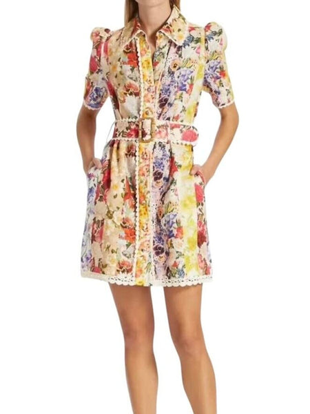 *Zimmermann Wonderland Linen Floral Raffia Trim Short Sleeve Collared Midi Shirt Dress, Size Z0P=XS Petite