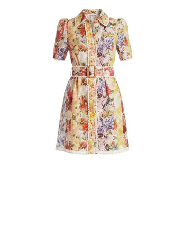*Zimmermann Wonderland Linen Floral Raffia Trim Short Sleeve Collared Midi Shirt Dress, Size Z0P=XS Petite