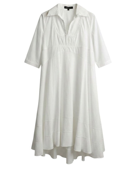 ^Valentina Kova Poplin Elbow Sleeve Collared Split Neck Trapeze Midi Dress, Size S