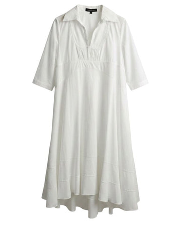 ^Valentina Kova Poplin Elbow Sleeve Collared Split Neck Trapeze Midi Dress, Size S