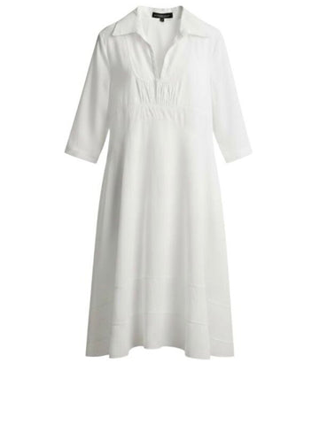 *Valentina Kova Poplin Elbow Sleeve Collared Split Neck Trapeze Midi Dress, Size S